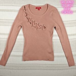 Guess Pink Cutout Lace-Up Detail Sweater Women’s Size L NEW